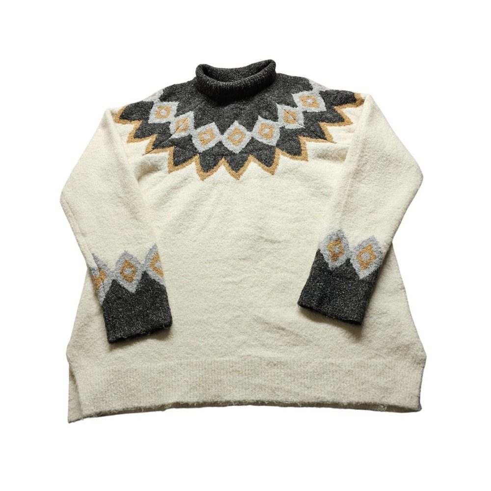 Abercrombie & Fitch Mock Neck Sweater Womens M Cream Grey Fair Isle Pullover